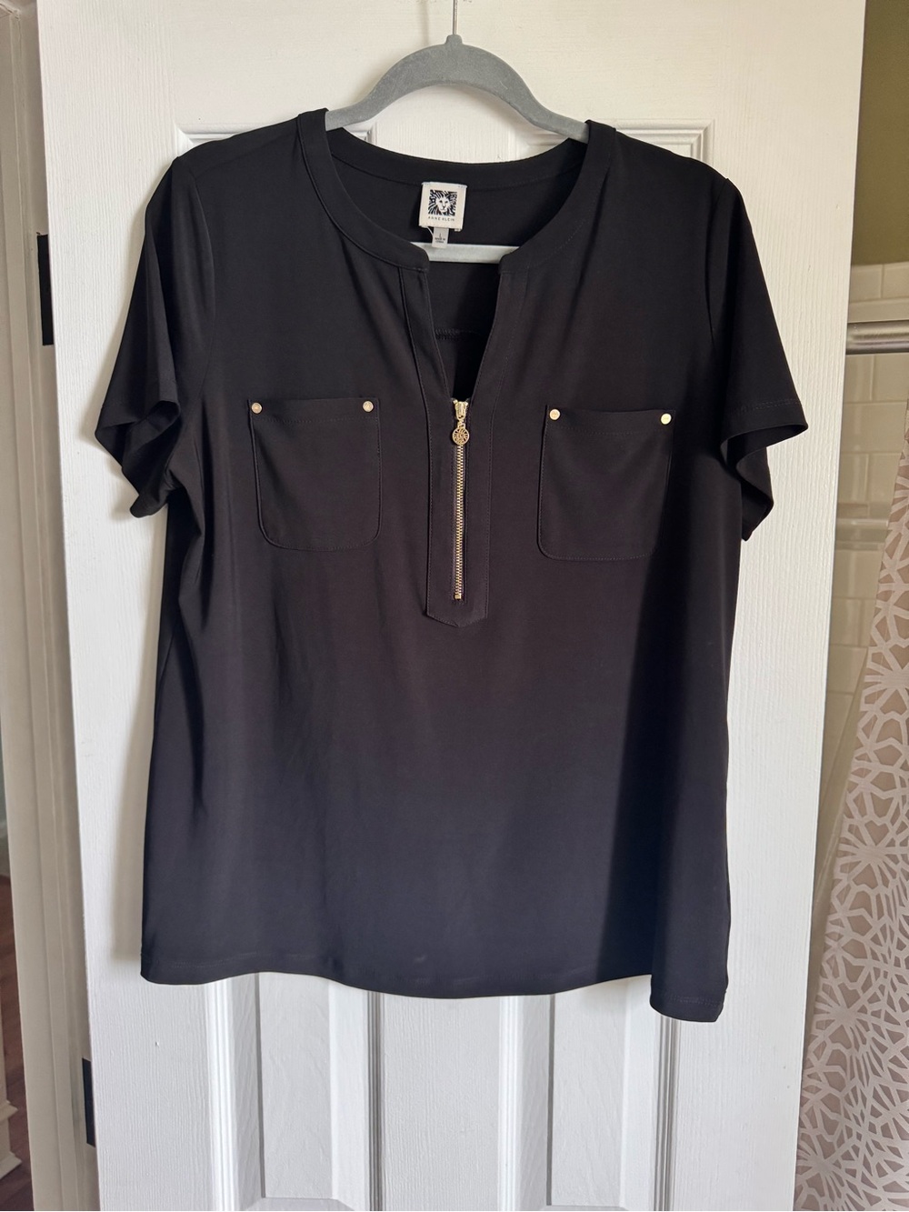 Anne Klein Black Short Sleeve Top with Zipper Detail